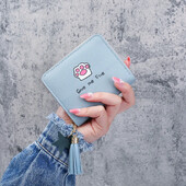 Portofel drăguț femei din piele PU imprimat cu desene animate Kawaii, mini geantă de bani, poșetă pliabilă pentru depozitare, ciucuri, suport pentru carduri pentru studenți