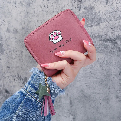 Portofel drăguț femei din piele PU imprimat cu desene animate Kawaii, mini geantă de bani, poșetă pliabilă pentru depozitare, ciucuri, suport pentru carduri pentru studenți