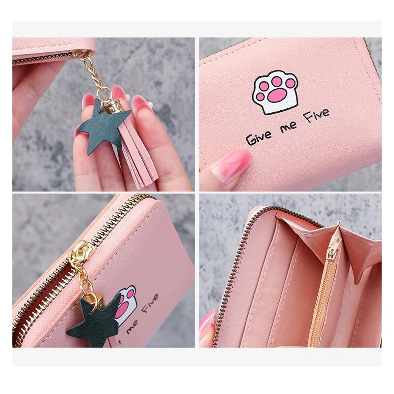 Portofel drăguț femei din piele PU imprimat cu desene animate Kawaii, mini geantă de bani, poșetă pliabilă pentru depozitare, ciucuri, suport pentru carduri pentru studenți