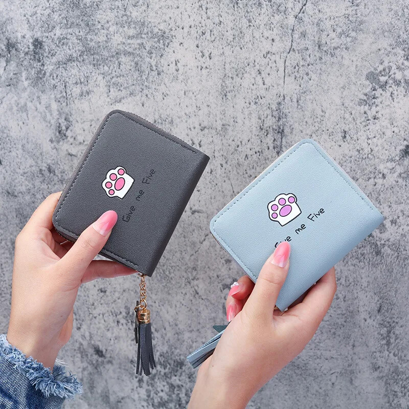 Portofel drăguț femei din piele PU imprimat cu desene animate Kawaii, mini geantă de bani, poșetă pliabilă pentru depozitare, ciucuri, suport pentru carduri pentru studenți