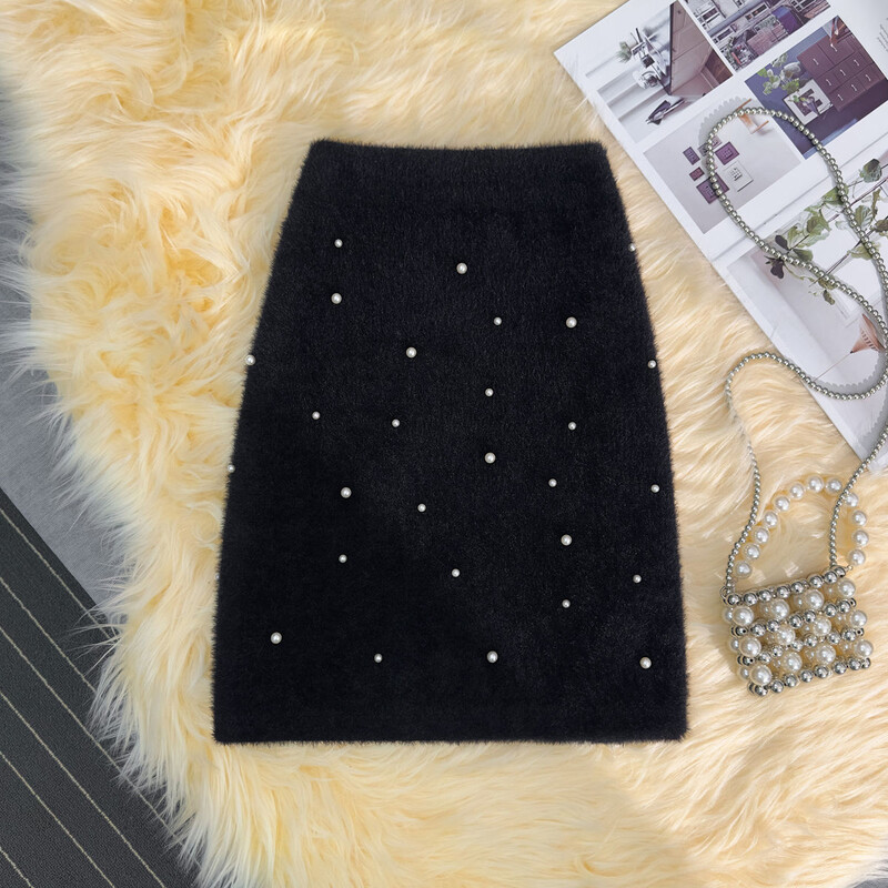 Ženske pletene suknje od umjetnog nerca od kašmira u korejskom stilu, crne, ružičaste perle Faldas Mujer Moda Novo 2024. Sweet Jupe ženske vintage suknje