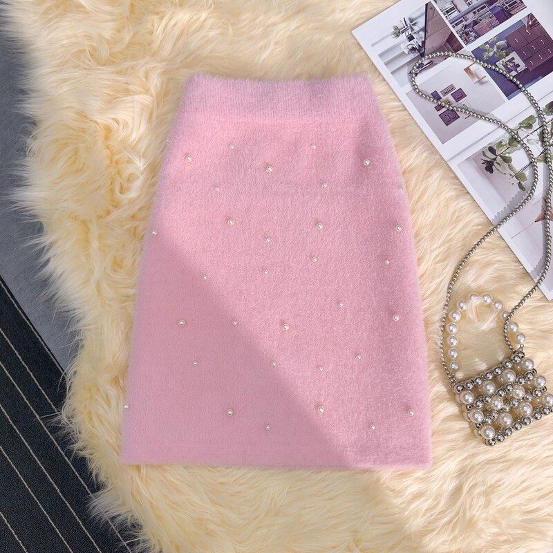 Ženske pletene suknje od umjetnog nerca od kašmira u korejskom stilu, crne, ružičaste perle Faldas Mujer Moda Novo 2024. Sweet Jupe ženske vintage suknje