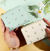 Portofel scurt din piele PU, noua geantă de bani cu fermoar, de culoare solidă, Suporturi de carduri cu flori, la modă pentru fete.