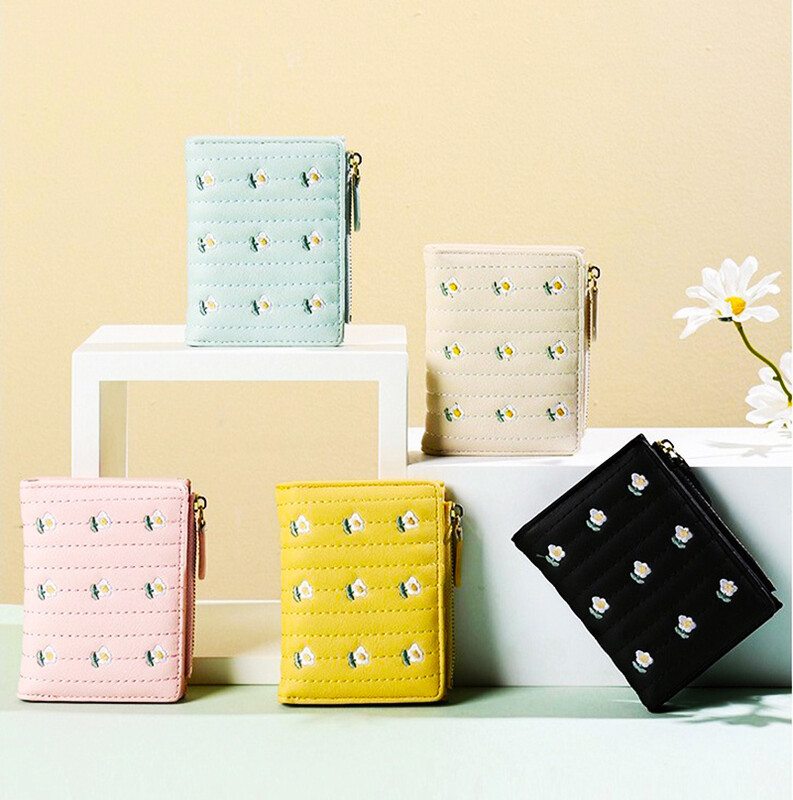 Portofel scurt din piele PU, noua geantă de bani cu fermoar, de culoare solidă, Suporturi de carduri cu flori, la modă pentru fete.