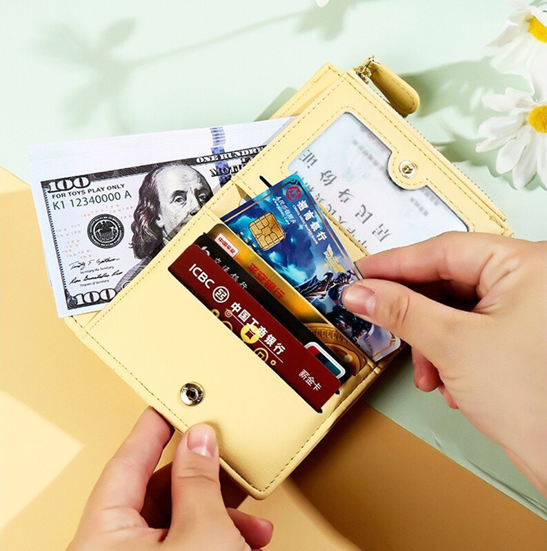 Portofel scurt din piele PU, noua geantă de bani cu fermoar, de culoare solidă, Suporturi de carduri cu flori, la modă pentru fete.