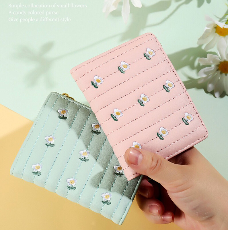 Portofel scurt din piele PU, noua geantă de bani cu fermoar, de culoare solidă, Suporturi de carduri cu flori, la modă pentru fete.