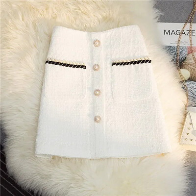 Crno-bijele duge suknje od tvida Ženska jesen-zima Nova svijetla svilena suknja Ženska vintage suknja A-kroja visokog struka Uredska dama