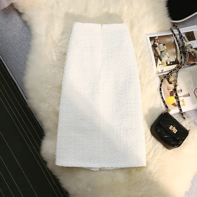 Crno-bijele duge suknje od tvida Ženska jesen-zima Nova svijetla svilena suknja Ženska vintage suknja A-kroja visokog struka Uredska dama