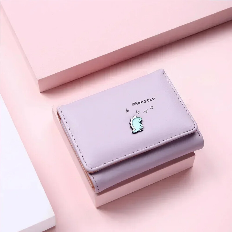 Sieviešu maks jauks mazs dinozauru maks ar sprādzi salokāms īss maks Zīmola dizains Pu ādas monētu maciņa ID kredītkartes turētājs