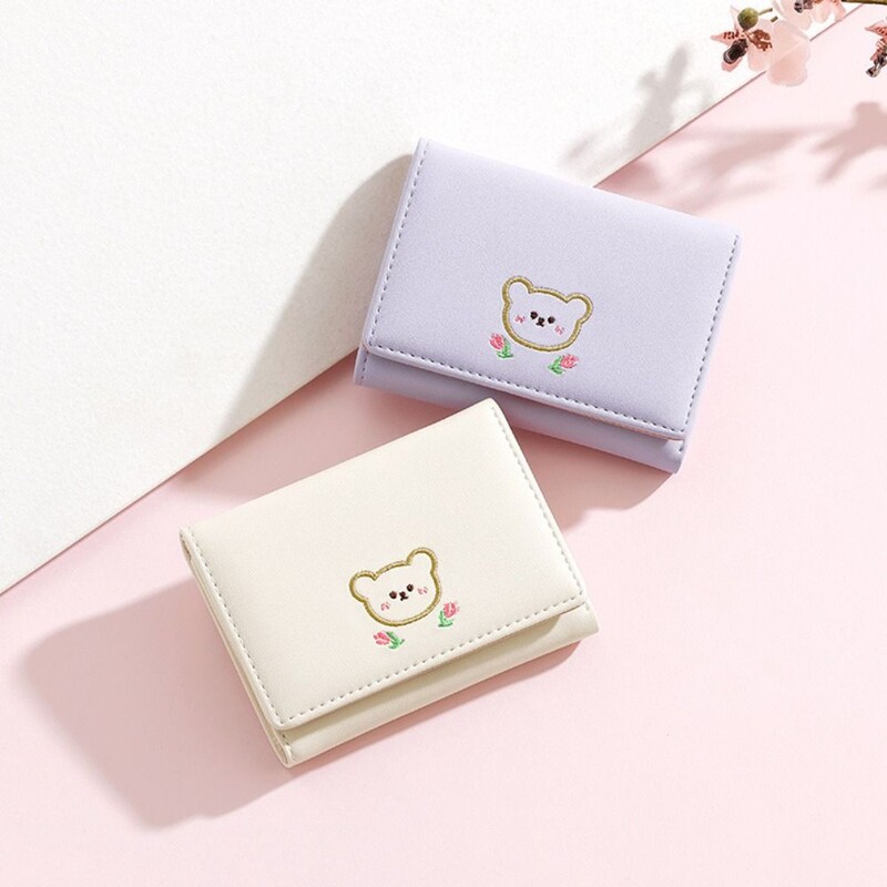 Portofel mic din piele PU pentru femei, mini portofel pentru femeie, cu buzunar, portofel pentru femei, portofel pentru fete, broderie, portofel de pisica, portofel pentru femei