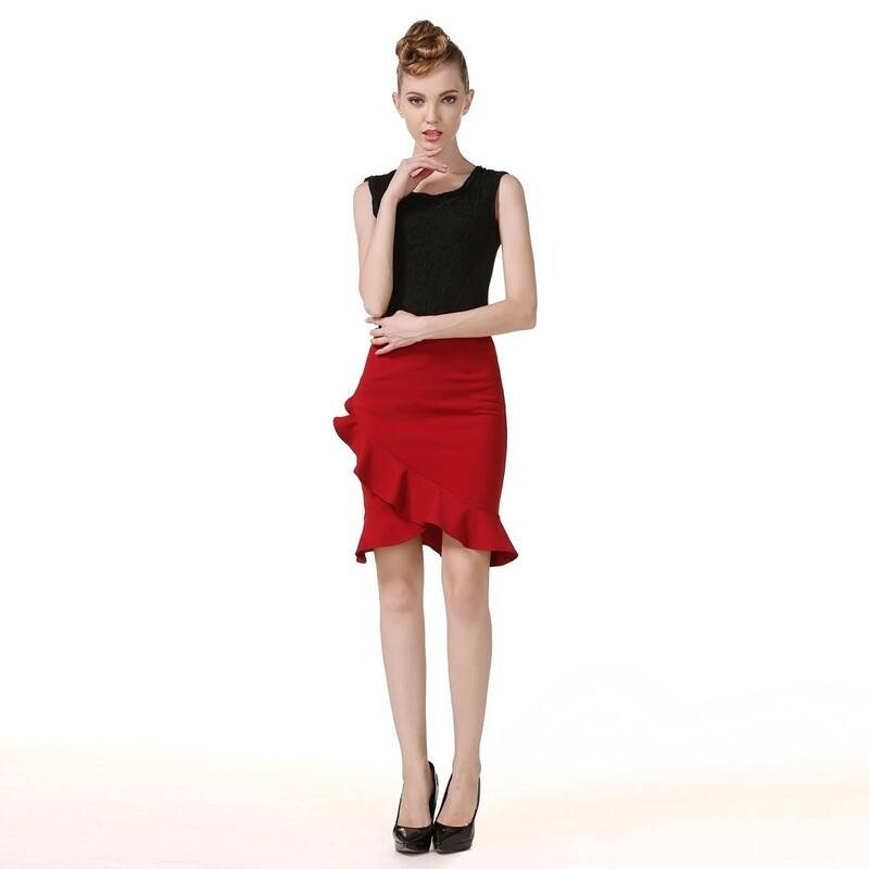 Visoko elastična pamučna ženska nepravilna suknja s lotosovim lišćem, seksi paket na bokove, pencil suknja u jednom koraku, velika veličina S-5XL