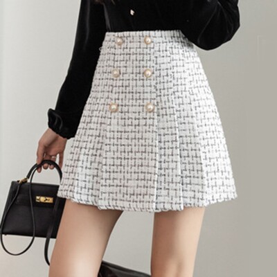 Fusta de lână cu șold pentru femei 2024 Nou Toamnă Iarnă Mic parfumat Imprimeu în carouri Cu talie înaltă Fuste A-Line Îmbrăcăminte elegantă
