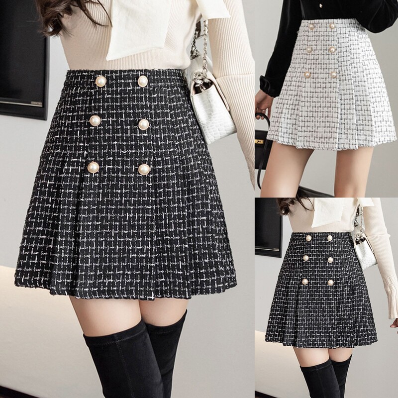 Fusta de lână cu șold pentru femei 2024 Nou Toamnă Iarnă Mic parfumat Imprimeu în carouri Cu talie înaltă Fuste A-Line Îmbrăcăminte elegantă