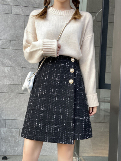 Fuste în carouri Femei șic, cu nasturi, talie înaltă, toate se potrivesc la modă, blând Ulzzang, linie A, fete, dulci, îmbrăcăminte de stradă, confortabilă, vânzare la cald, ocazional