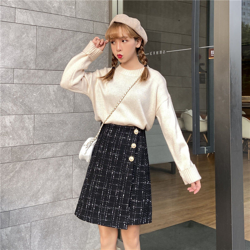 Fuste în carouri Femei șic, cu nasturi, talie înaltă, toate se potrivesc la modă, blând Ulzzang, linie A, fete, dulci, îmbrăcăminte de stradă, confortabilă, vânzare la cald, ocazional