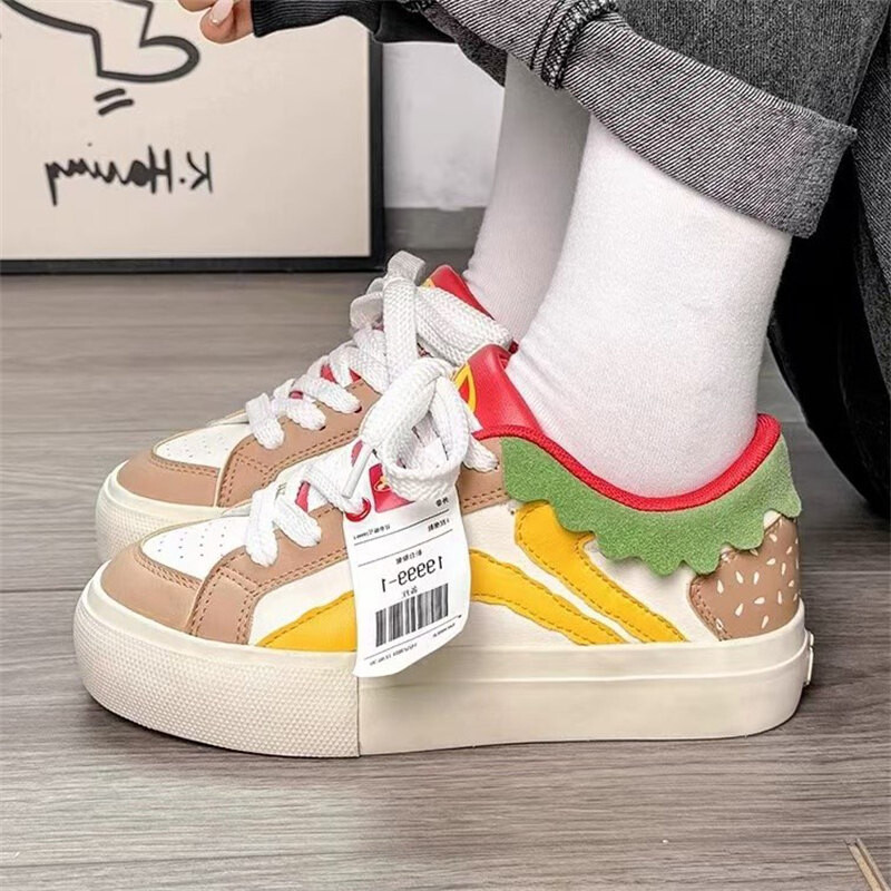 Pantofi sport cu design nou hamburger pentru femei Pantofi casual noi, colorați, pentru studenți, pantofi de tenis anti-alunecare cu talpă groasă în stilul colegiului