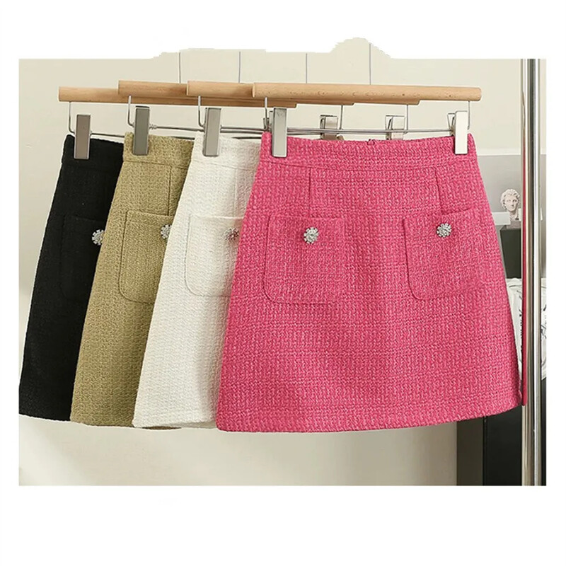 Temperament coreean, trandafir roșu, fustă scurtă din tweed pentru femei, toamnă, buzunare cu talie înaltă, fuste mini din lână, linie A, femei