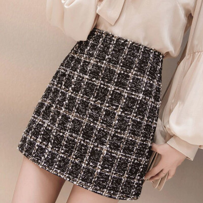 Jesen Zima Karirana vunena suknja Ženska korejska tanka mini suknja od tvida visokog struka Ženske deblje modne svjetlucave vunene kratke suknje