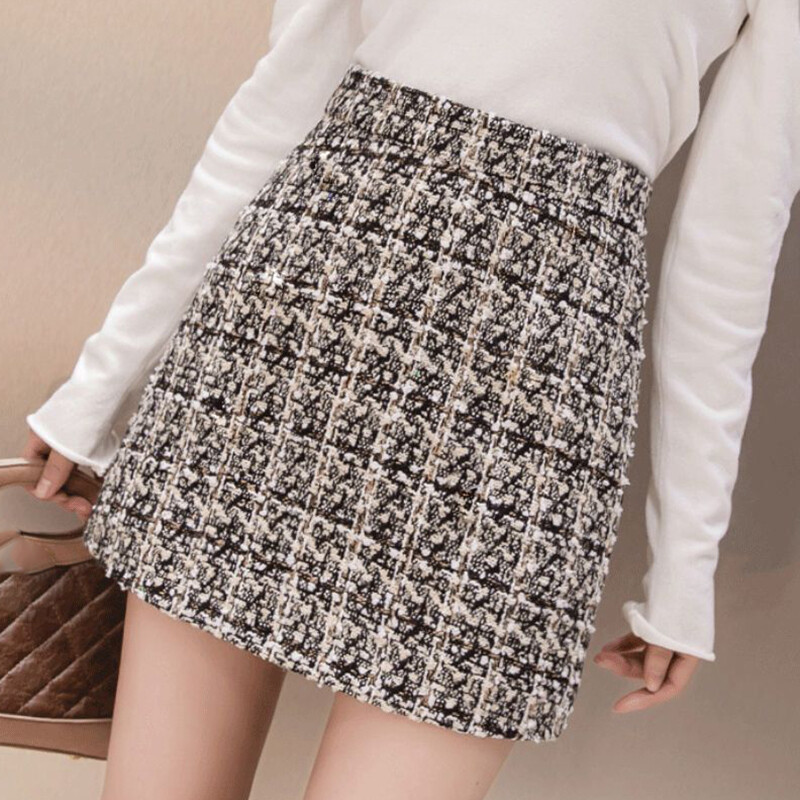 Jesen Zima Karirana vunena suknja Ženska korejska tanka mini suknja od tvida visokog struka Ženske deblje modne svjetlucave vunene kratke suknje