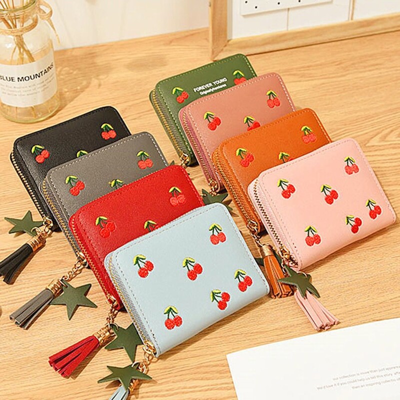 Poșetă drăguță cu broderie de cireșe Mini portofel pentru femei, piele PU, la tendință, portofel scurt cu fermoar, portofel simplu pentru studenți