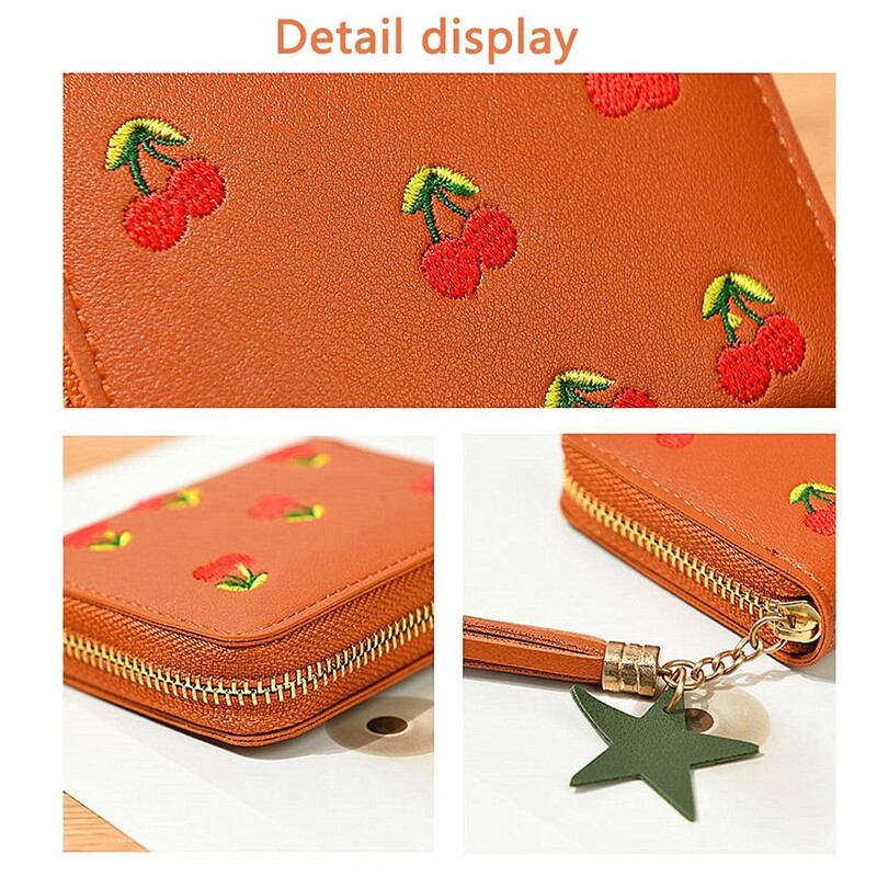 Poșetă drăguță cu broderie de cireșe Mini portofel pentru femei, piele PU, la tendință, portofel scurt cu fermoar, portofel simplu pentru studenți
