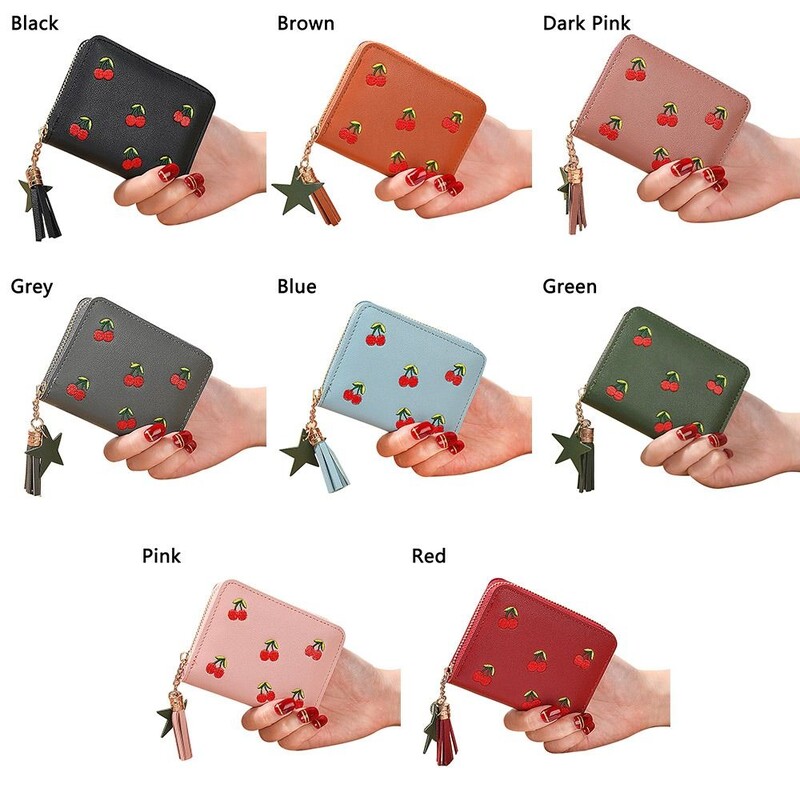Poșetă drăguță cu broderie de cireșe Mini portofel pentru femei, piele PU, la tendință, portofel scurt cu fermoar, portofel simplu pentru studenți
