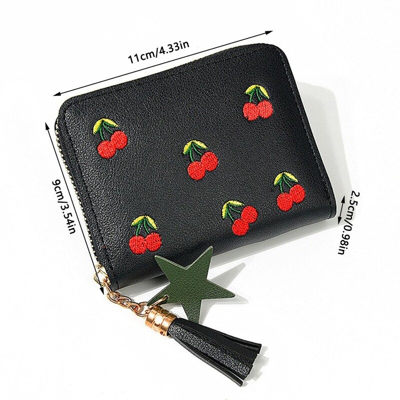 Poșetă drăguță cu broderie de cireșe Mini portofel pentru femei, piele PU, la tendință, portofel scurt cu fermoar, portofel simplu pentru studenți