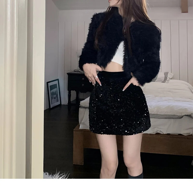 Fuste mini cu paiete Femei Modă fermecătoare Timp liber Simplu, toate se potrivesc de primăvară Femei Designer elegant Talie înaltă Tineret A-line Chic