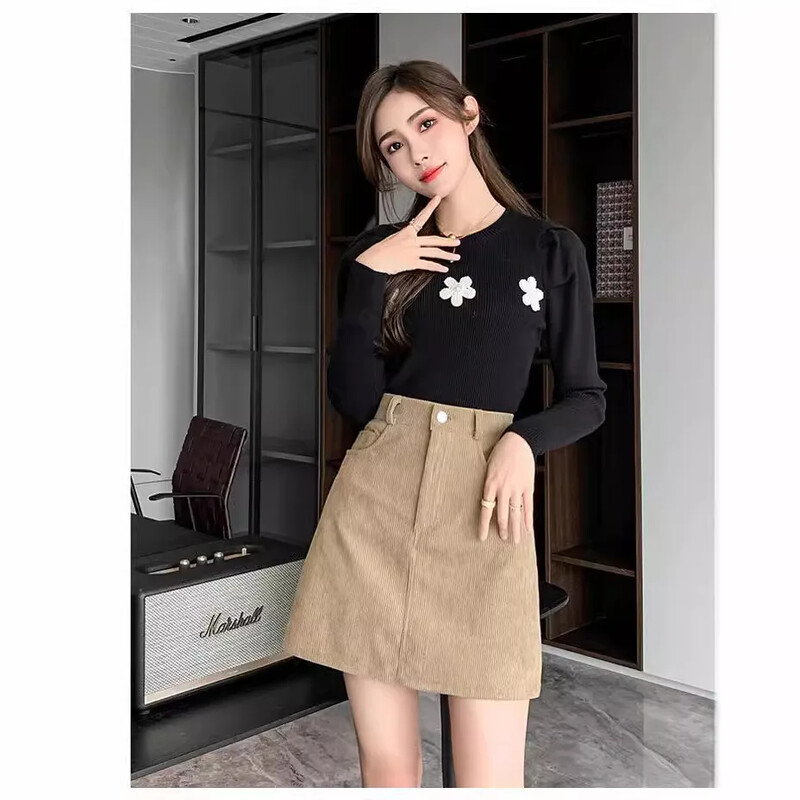 Modna kratka suknja A-kroja za mršavljenje s visokim strukom za žene, od samta od tvida u boji kave, elegantnog oblika