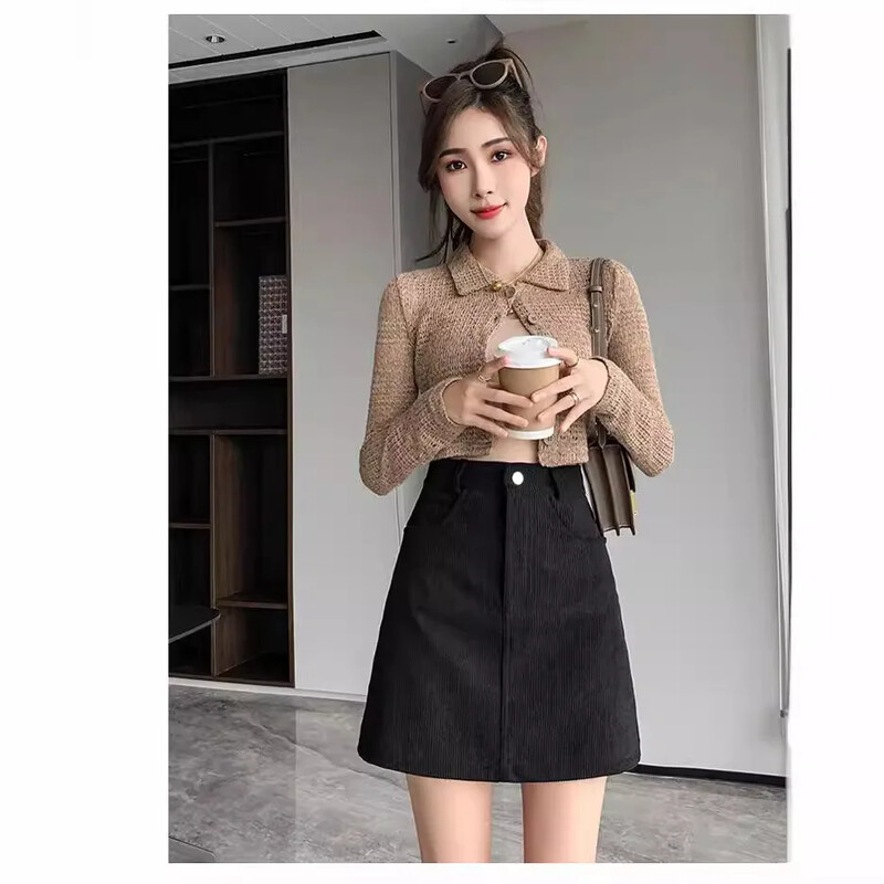 Modna kratka suknja A-kroja za mršavljenje s visokim strukom za žene, od samta od tvida u boji kave, elegantnog oblika