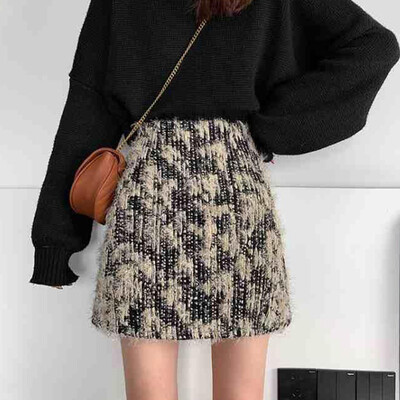 Fusta coreeană din tweed cu marginea femeilor cu talie înaltă Fusta de iarnă în formă de linie de modă Skinny Chic Elegant Navetă caldă Office Lady