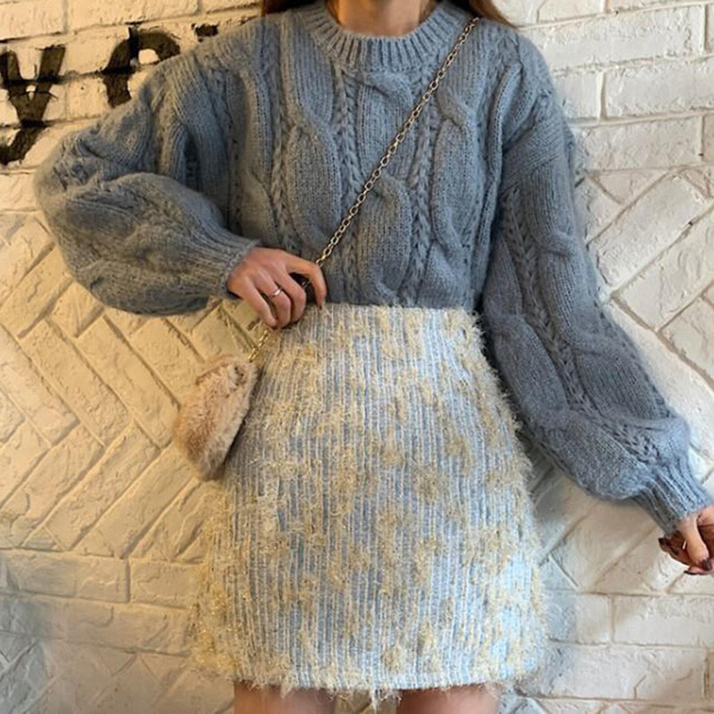 Fusta coreeană din tweed cu marginea femeilor cu talie înaltă Fusta de iarnă în formă de linie de modă Skinny Chic Elegant Navetă caldă Office Lady