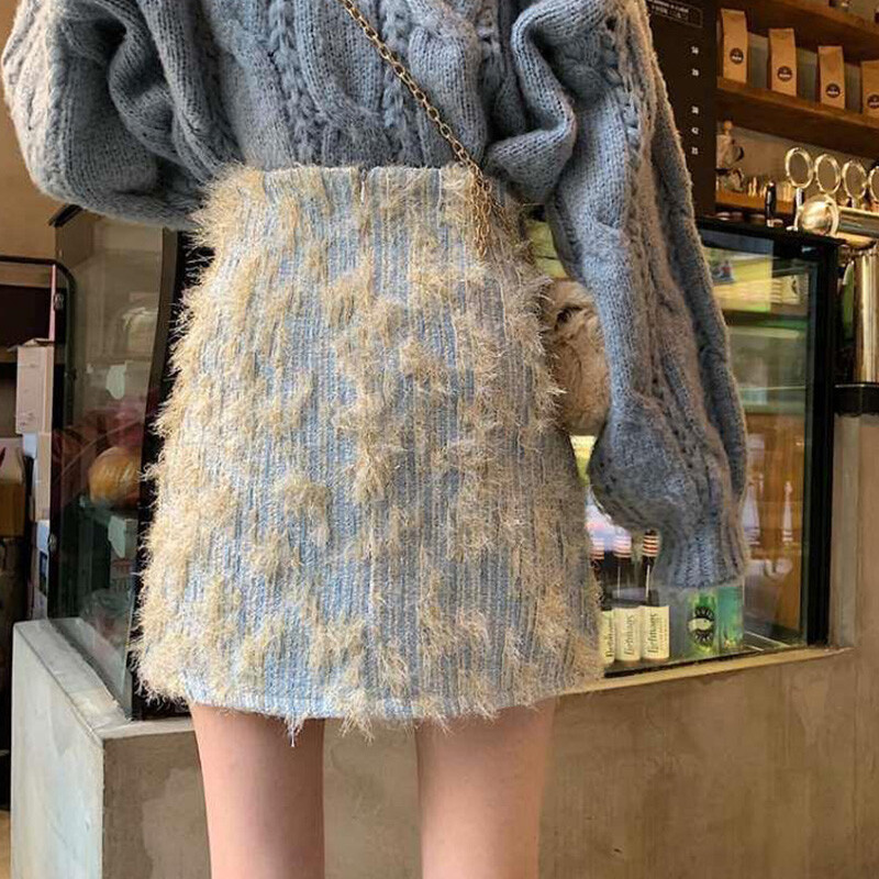 Fusta coreeană din tweed cu marginea femeilor cu talie înaltă Fusta de iarnă în formă de linie de modă Skinny Chic Elegant Navetă caldă Office Lady