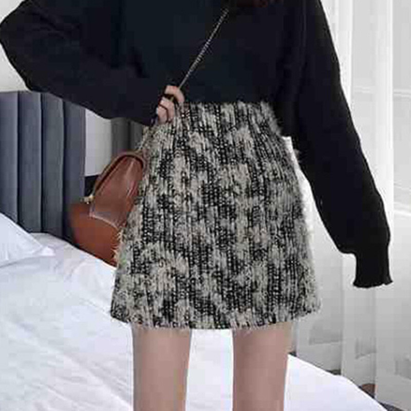 Fusta coreeană din tweed cu marginea femeilor cu talie înaltă Fusta de iarnă în formă de linie de modă Skinny Chic Elegant Navetă caldă Office Lady