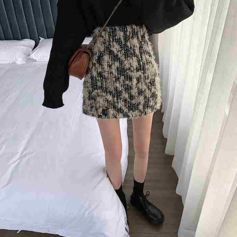 Fusta coreeană din tweed cu marginea femeilor cu talie înaltă Fusta de iarnă în formă de linie de modă Skinny Chic Elegant Navetă caldă Office Lady