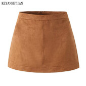 KEYANKETIAN Zimska nova ženska mini suknja od brušene kože, jednobojna, jednostavnog stila, patentni zatvarač na leđima, visokog struka, uska suknja A-kroja Tanka suknja