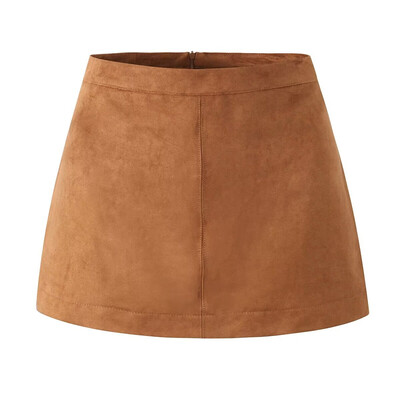 KEYANKETIAN Zimska nova ženska mini suknja od brušene kože, jednobojna, jednostavnog stila, patentni zatvarač na leđima, visokog struka, uska suknja A-kroja Tanka suknja