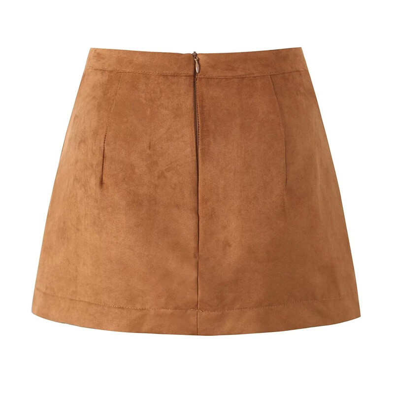 KEYANKETIAN Zimska nova ženska mini suknja od brušene kože, jednobojna, jednostavnog stila, patentni zatvarač na leđima, visokog struka, uska suknja A-kroja Tanka suknja