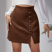 Fusta de vară pentru femei din piele întoarsă solidă, cu nasturi metalice, cu despicare laterală, în formă de A LDY-WW6588