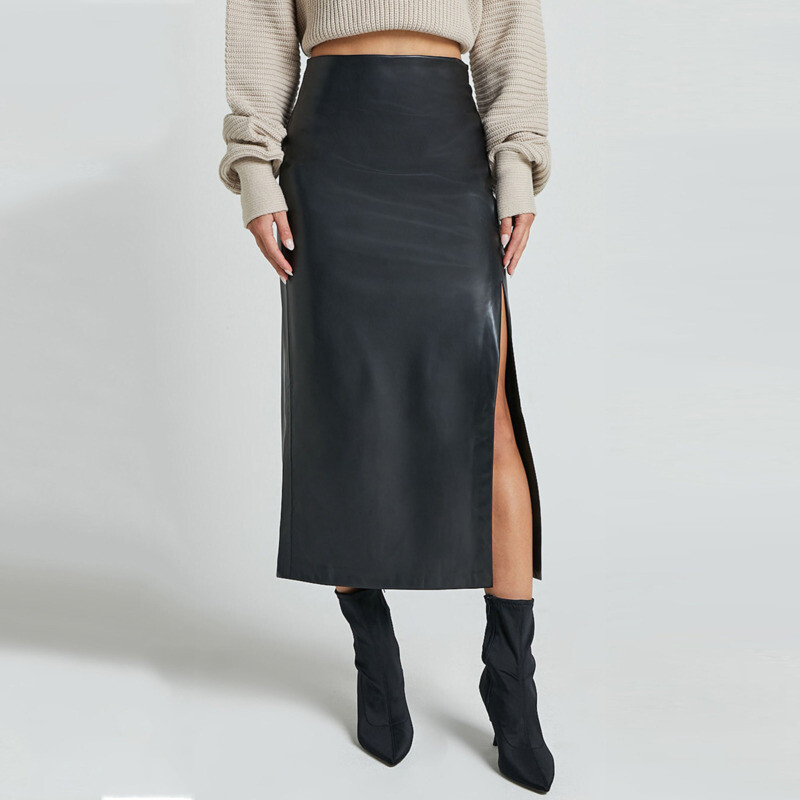 Toamnă Iarnă Office Lady Negru din piele Pu Fuste Midi pentru femei 2024 Moda talie înaltă Split Bodycon Fusta lungă
