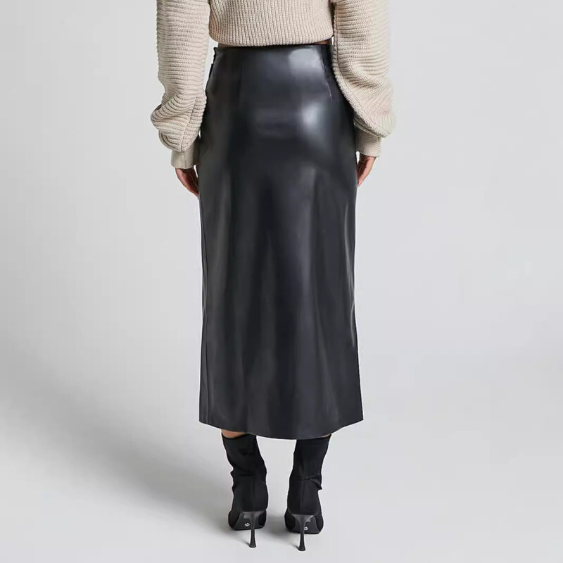 Toamnă Iarnă Office Lady Negru din piele Pu Fuste Midi pentru femei 2024 Moda talie înaltă Split Bodycon Fusta lungă