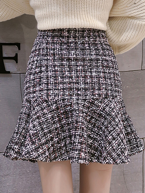 SMTHMA Fuste din Tweed Pentru Femei Fuste în carouri cu talie înaltă pentru slăbire Toamnă Primăvară Fuste Mini din Lână Tweed Sirenă Saia Feminina