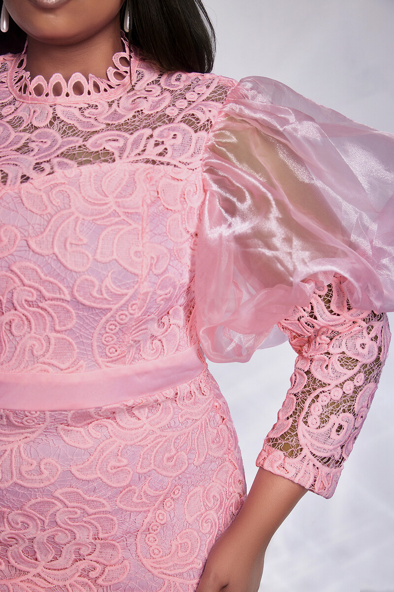 Rochie formala marime mare pentru femei, dantela roz, maneca bufanta, rochie midi transparente, eleganta, dulce, invitata la nunta, rochii bodycon pentru cocktail