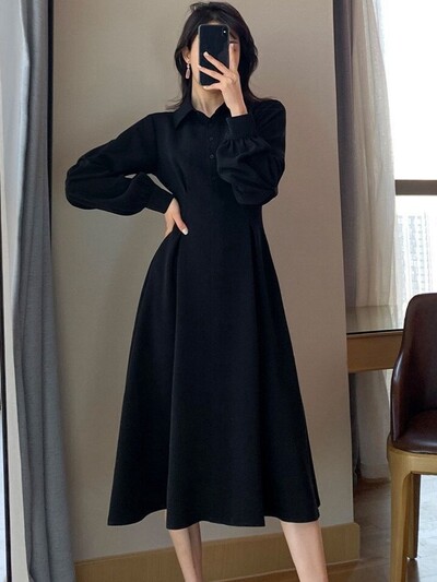 Mărimea Plus 5XL 150KG Rochie neagră de primăvară pentru femei Rochie cu mâneci lungi largi cu talie înaltă Rochii mari casual pentru dama