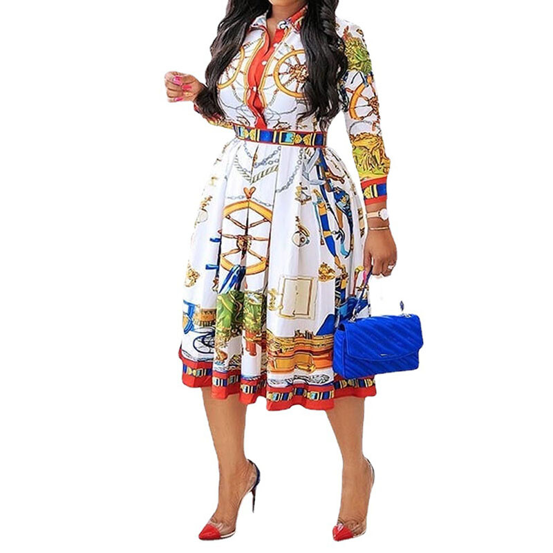 Ženska haljina A-kroja s preklopnim ovratnikom i printom, moderna, elegantna, ležerna proljetna haljina s visokim strukom, uskih grudi, novo 2024.