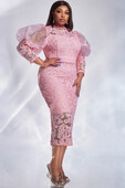 Ženska svečana haljina velike veličine, ružičasta čipkasta prozirna midi haljina s puf rukavima Elegantne slatke koktel haljine za goste vjenčanja uz tijelo