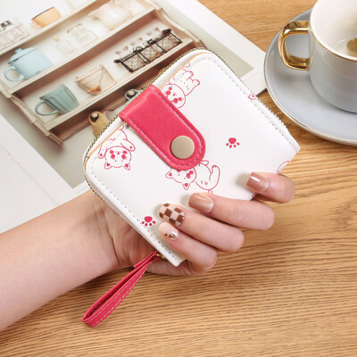 Японско сладко коте Дамски къси портфейли Чанта за притежател на студентска карта с цип Портфейл за монети Розов Щипка за пари за момичета Двукратен портфейл