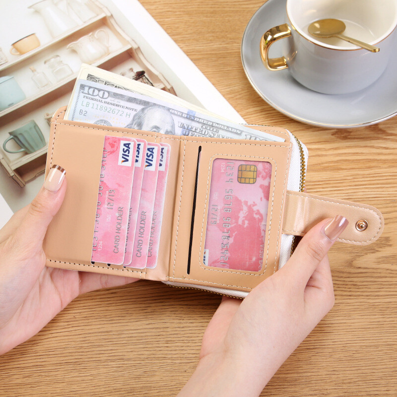Японско сладко коте Дамски къси портфейли Чанта за притежател на студентска карта с цип Портфейл за монети Розов Щипка за пари за момичета Двукратен портфейл