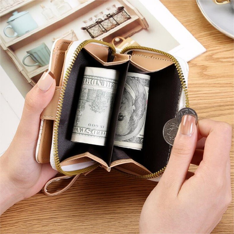 Японско сладко коте Дамски къси портфейли Чанта за притежател на студентска карта с цип Портфейл за монети Розов Щипка за пари за момичета Двукратен портфейл