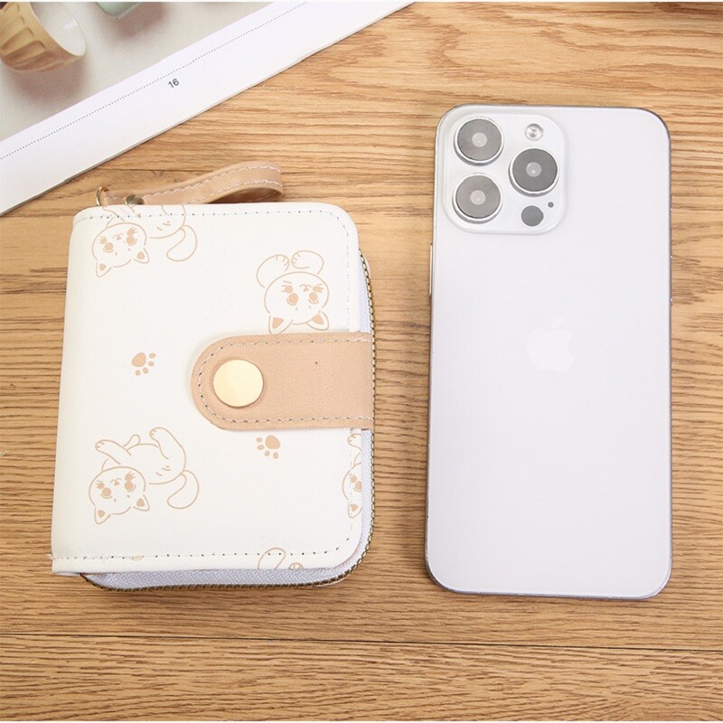 Японско сладко коте Дамски къси портфейли Чанта за притежател на студентска карта с цип Портфейл за монети Розов Щипка за пари за момичета Двукратен портфейл